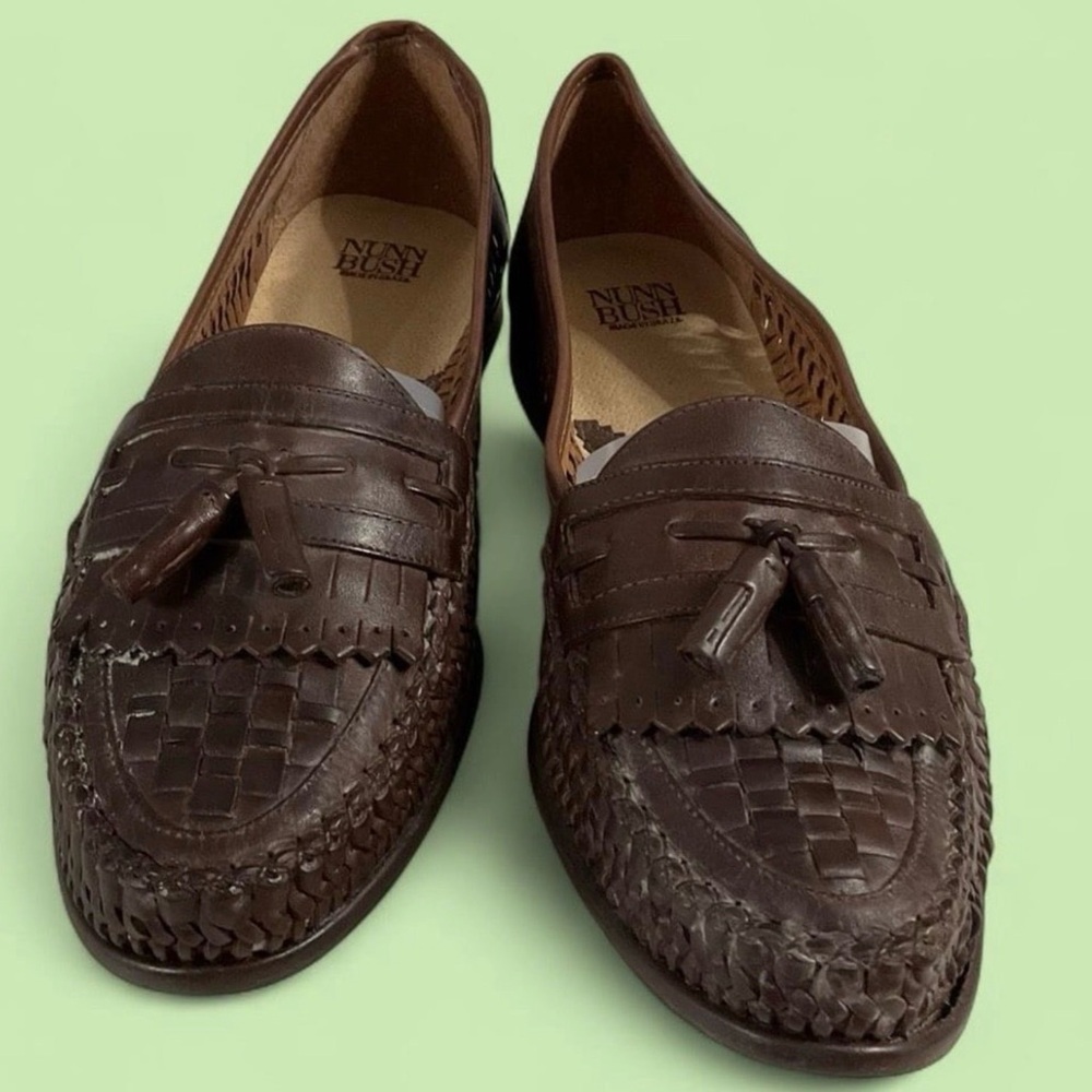 Nunn Bush Men’s Brown Leather Woven Weave Tassel Loafers Size 12M